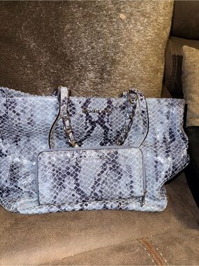 Michael Kors Light Blue Python-Print Chain Handle Tote